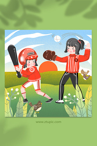 卡通美式室外运动棒球服棒球运动人物插画