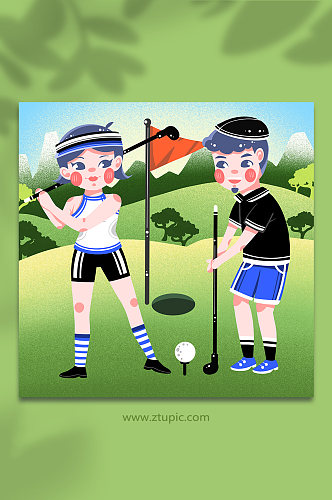 卡通男女休闲运动球场高尔夫运动人物插画