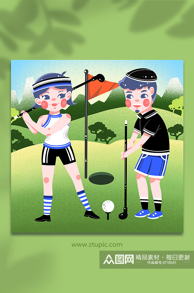 卡通男女休闲运动球场高尔夫运动人物插画素材