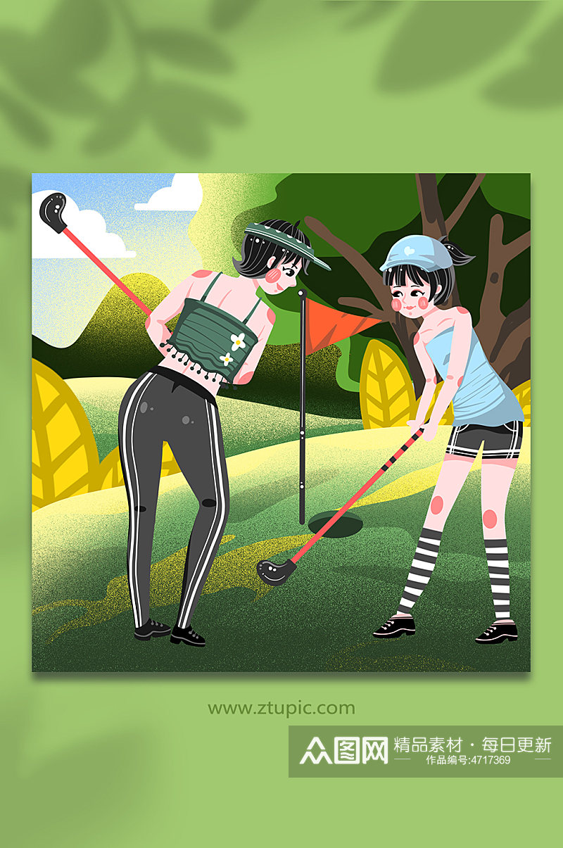 卡通女孩室外休闲高尔夫运动人物插画素材