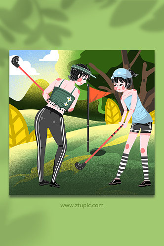 卡通女孩室外休闲高尔夫运动人物插画