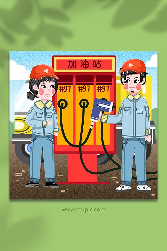加油服务人员小红帽汽车加油站场景人物插画