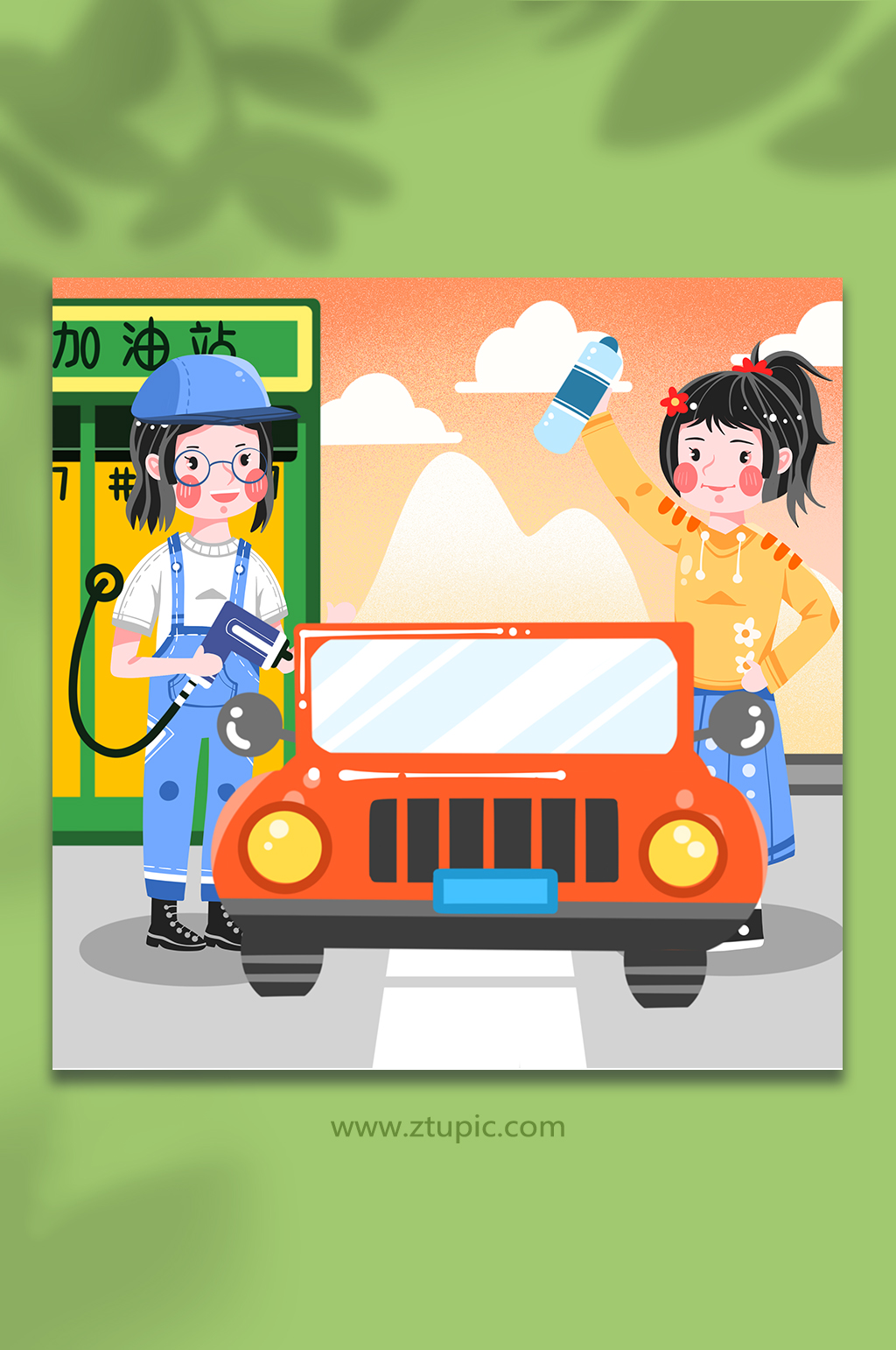 卡通汽油工作人员汽车加油站场景人物插画
