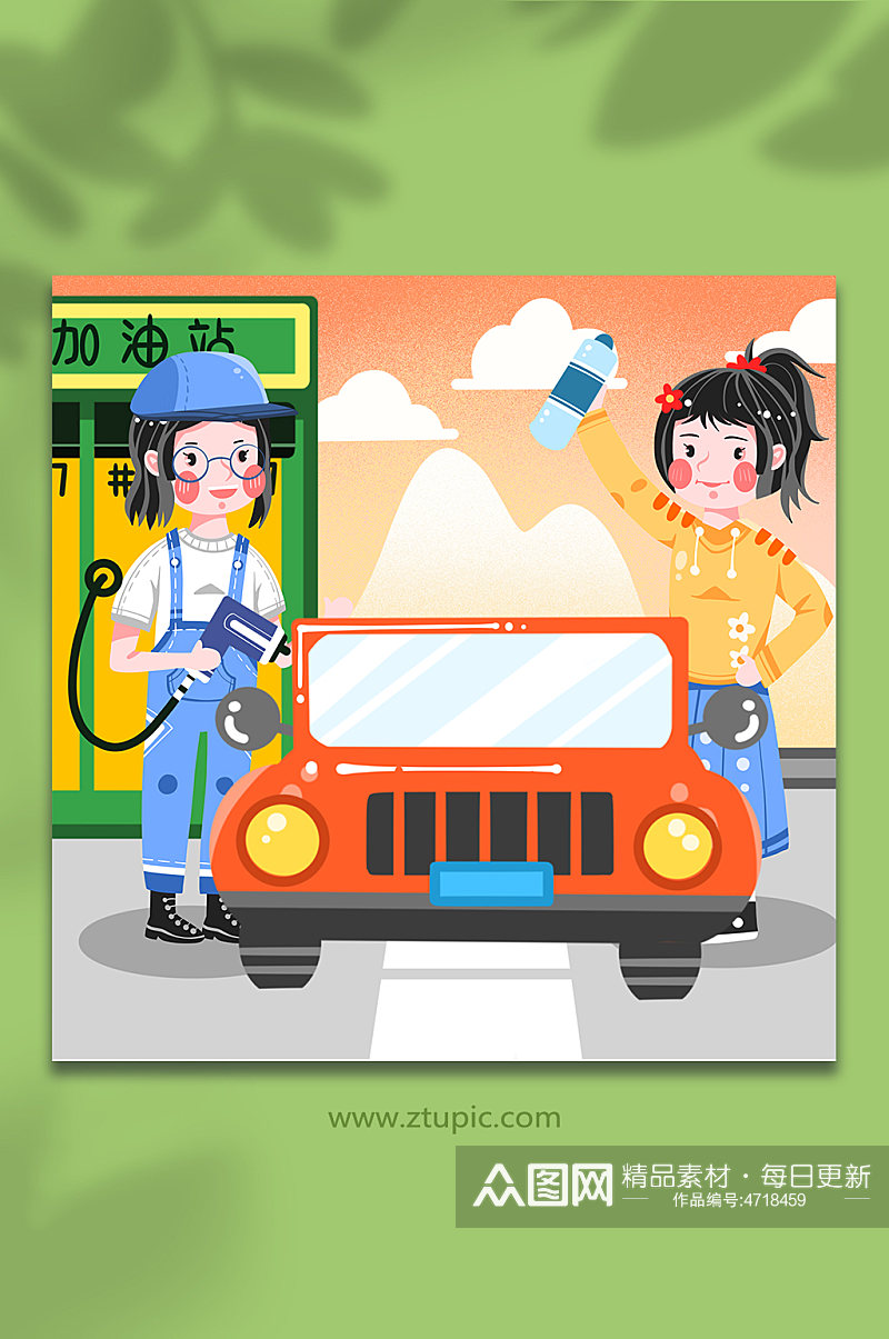 卡通汽油工作人员汽车加油站场景人物插画素材