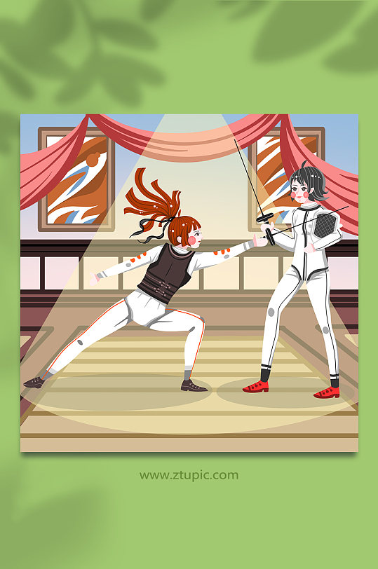 卡通击剑比赛训练俱乐部击剑运动人物插画