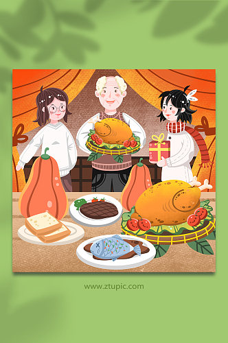 卡通家人团聚吃火鸡聚餐温馨感恩节人物插画