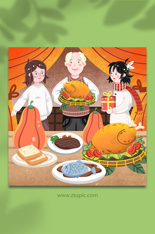 卡通家人团聚吃火鸡聚餐温馨感恩节人物插画