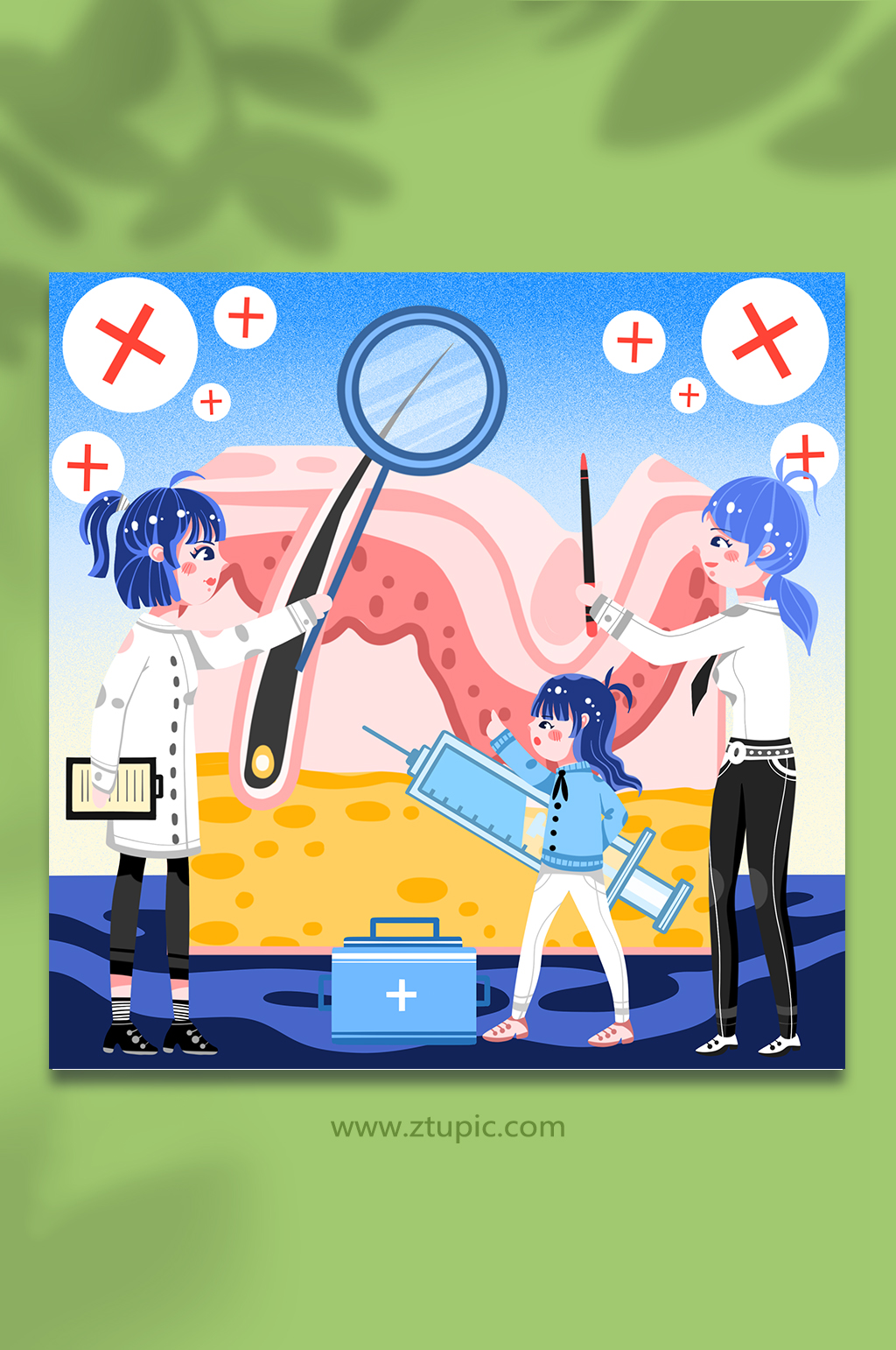 卡通医疗检查皮肤结构美容人物插画素材