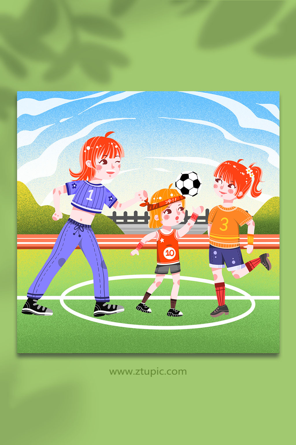 扁平化卡通运动比赛亲子踢足球人物插画正版作品,可商用卡通俱乐部