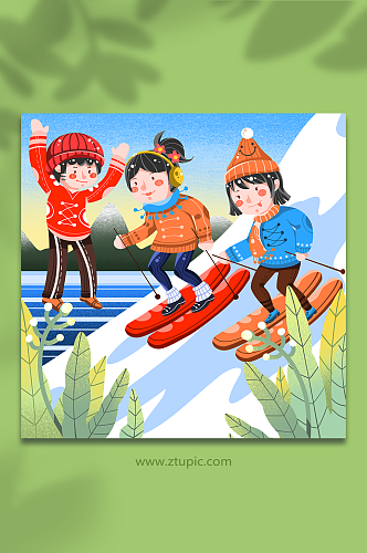 卡通滑雪比赛雪场运动冬季滑雪人物插画