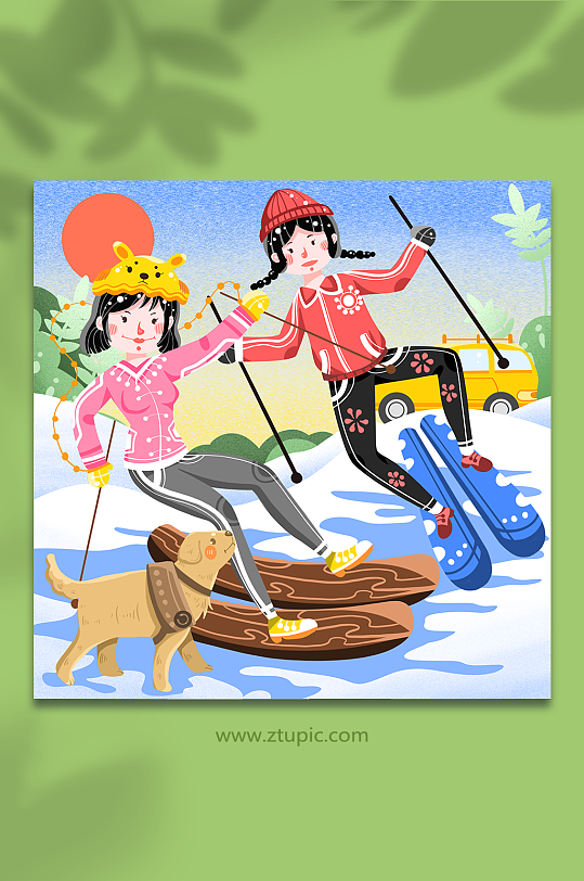 卡通女孩快乐滑雪运动冬季滑雪人物插画