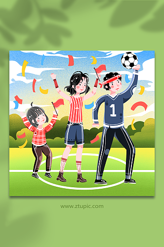 卡通家庭世界杯足球比赛欢呼球迷人物插画