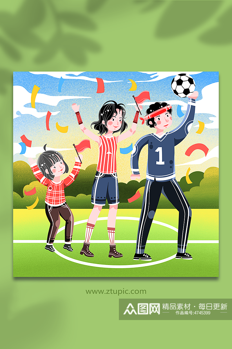卡通家庭世界杯足球比赛欢呼球迷人物插画素材