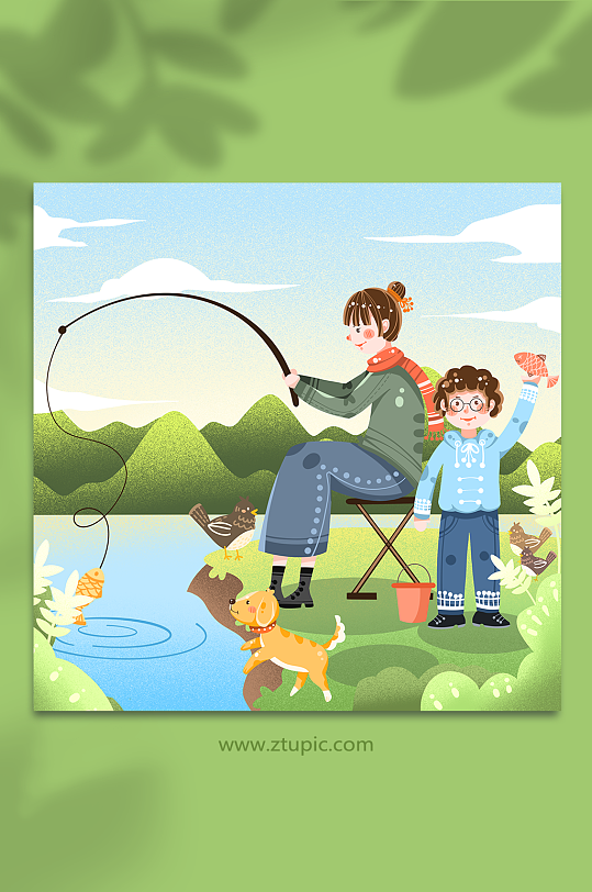 卡通野外儿童亲子钓鱼活动垂钓人物插画