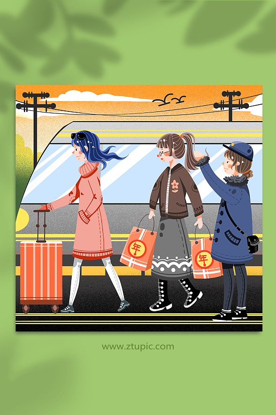 卡通回家高铁行李箱新年春运人物插画