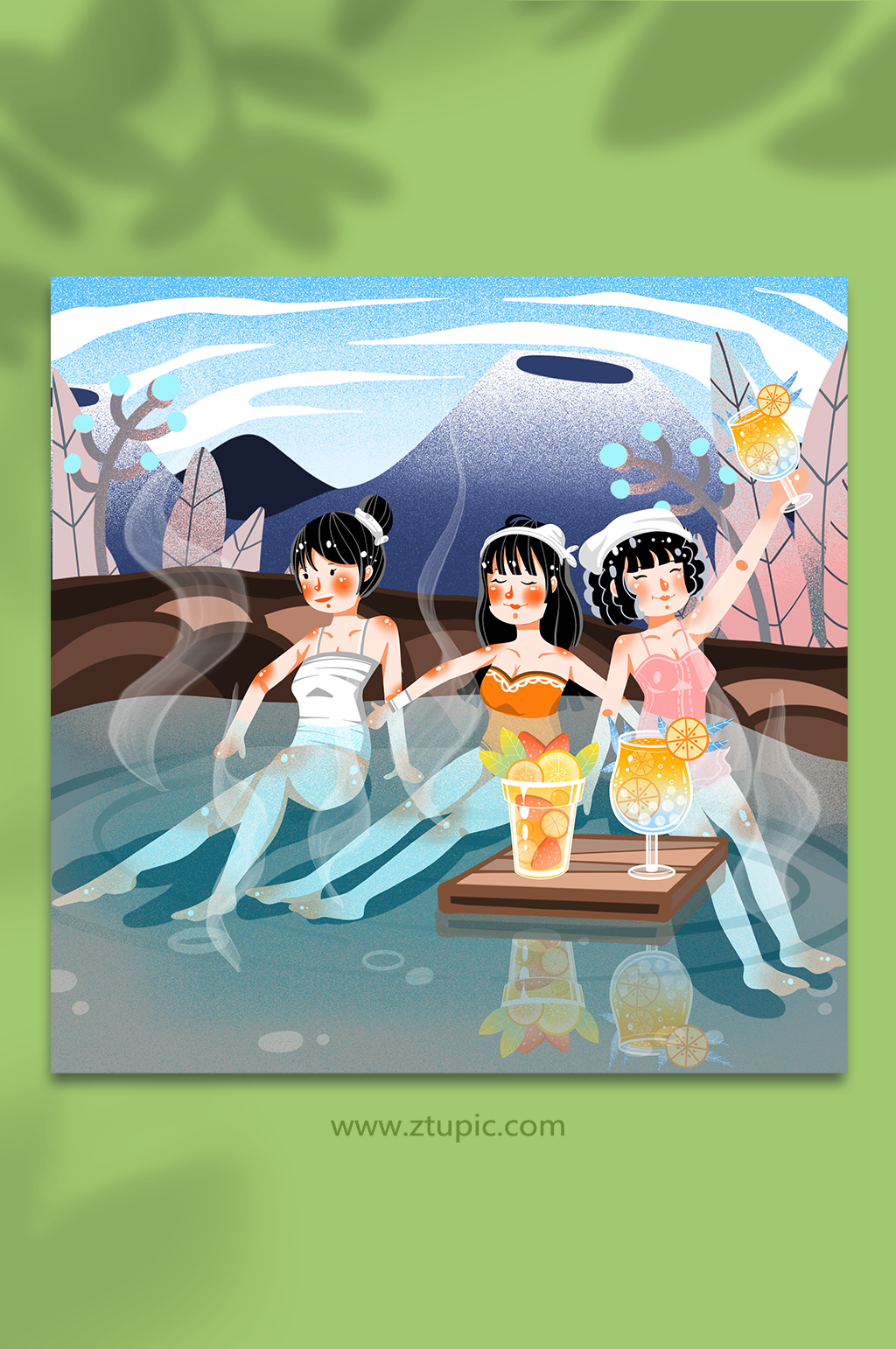 卡通女孩休闲聚会泡汤冬季泡温泉人物插画素材