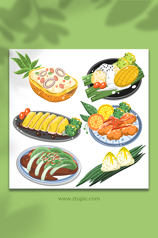 菠萝饭芒果糯米饭海南特色美食元素插画