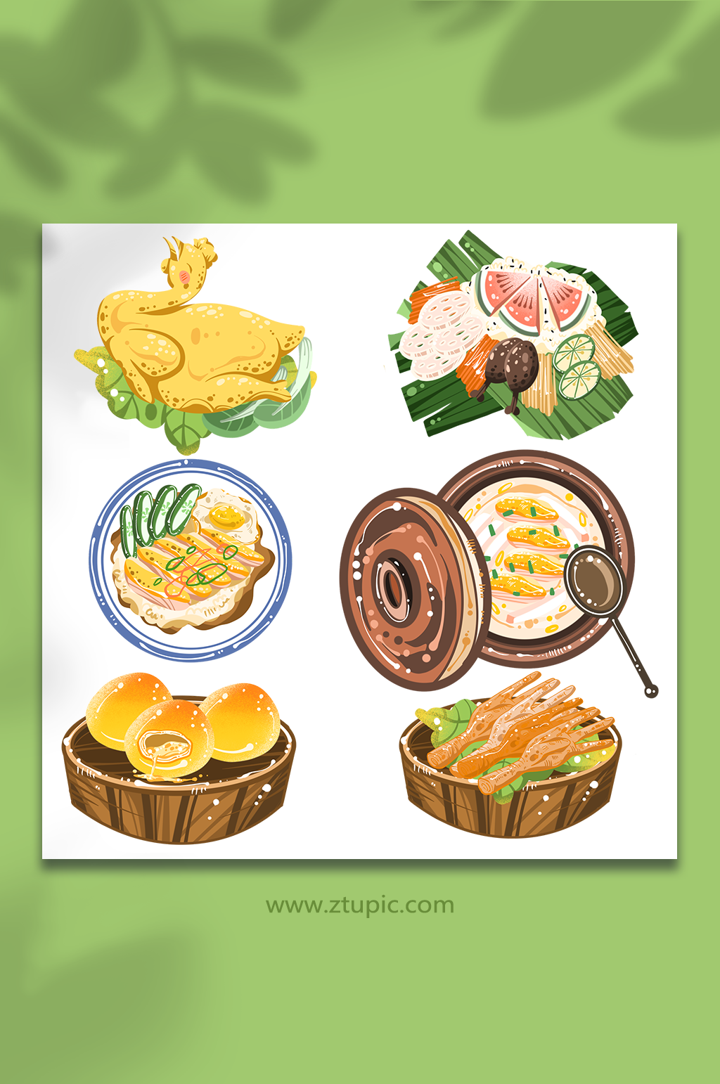 椰子鸡文昌鸡饭流沙包海南特色美食元素插画素材