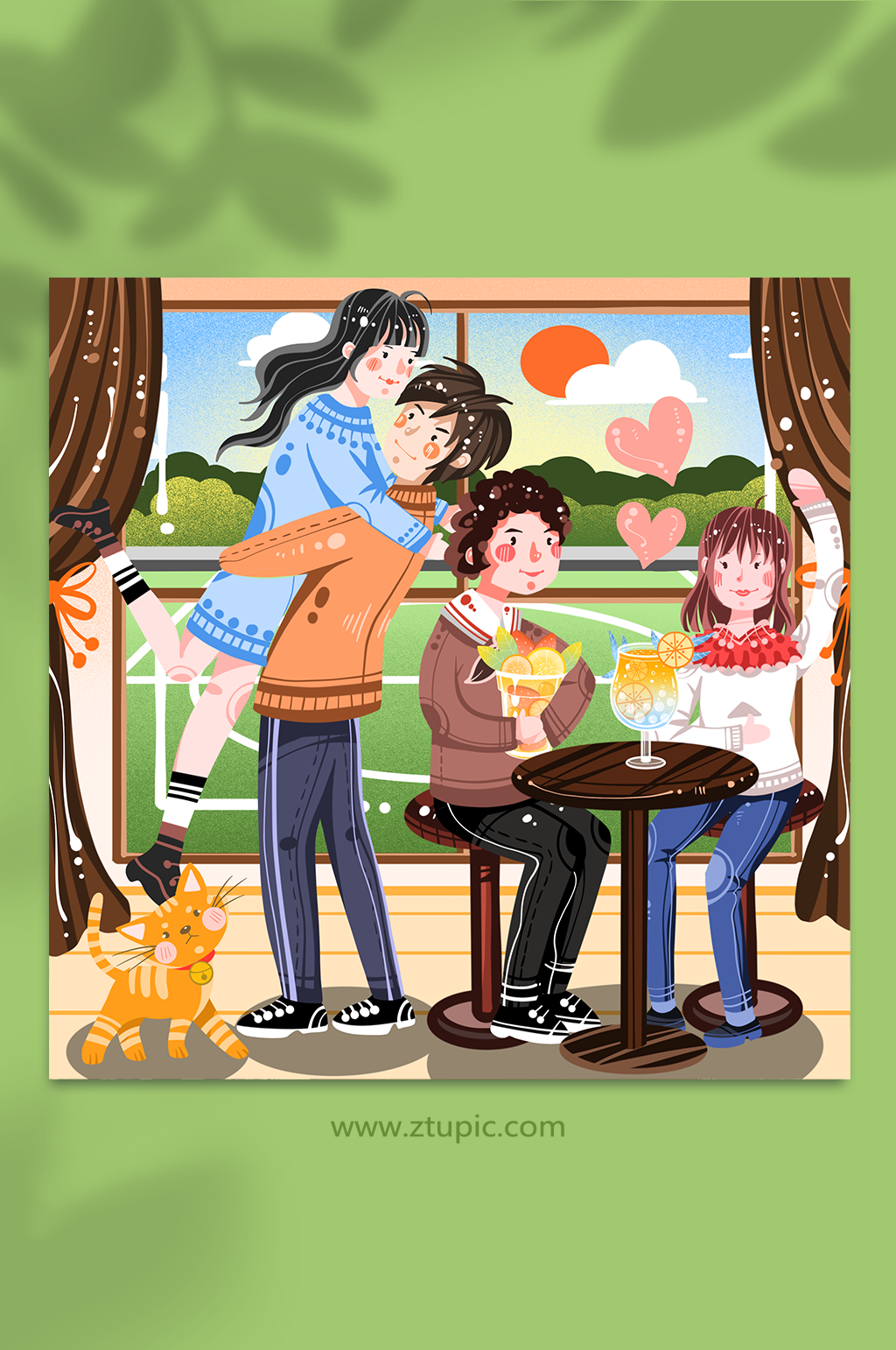 情侣约会拥抱喝奶茶情人节人物插画素材