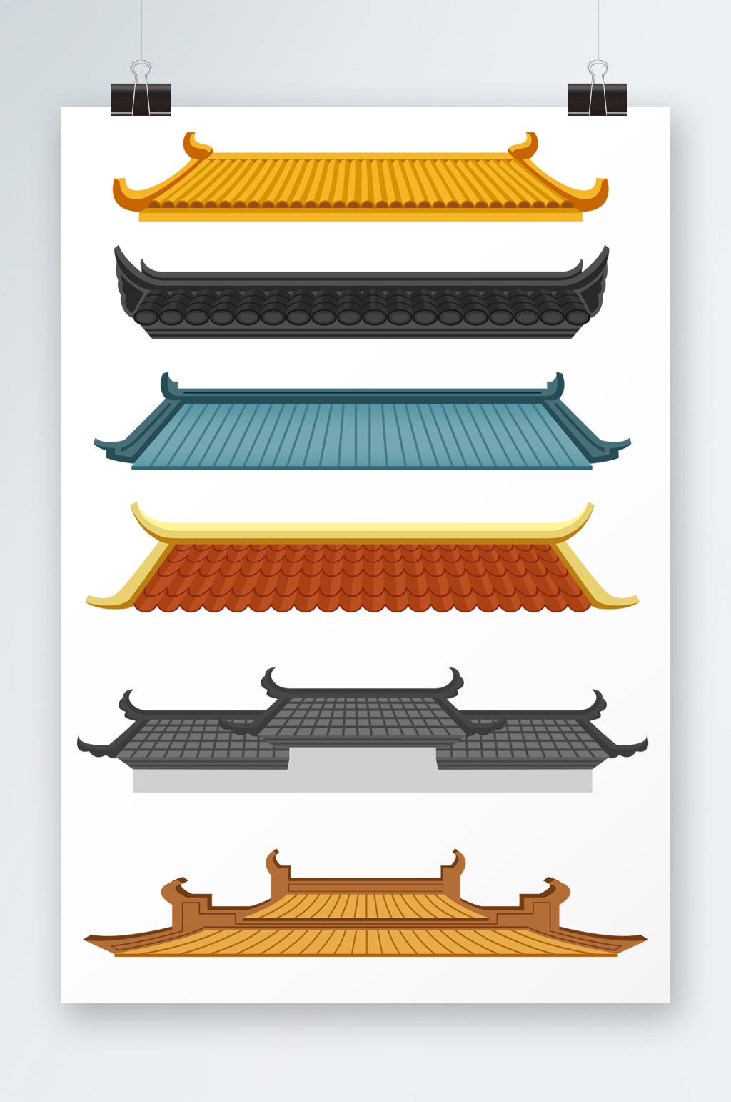 手绘卡通彩色古代建筑瓦片屋檐插画元素