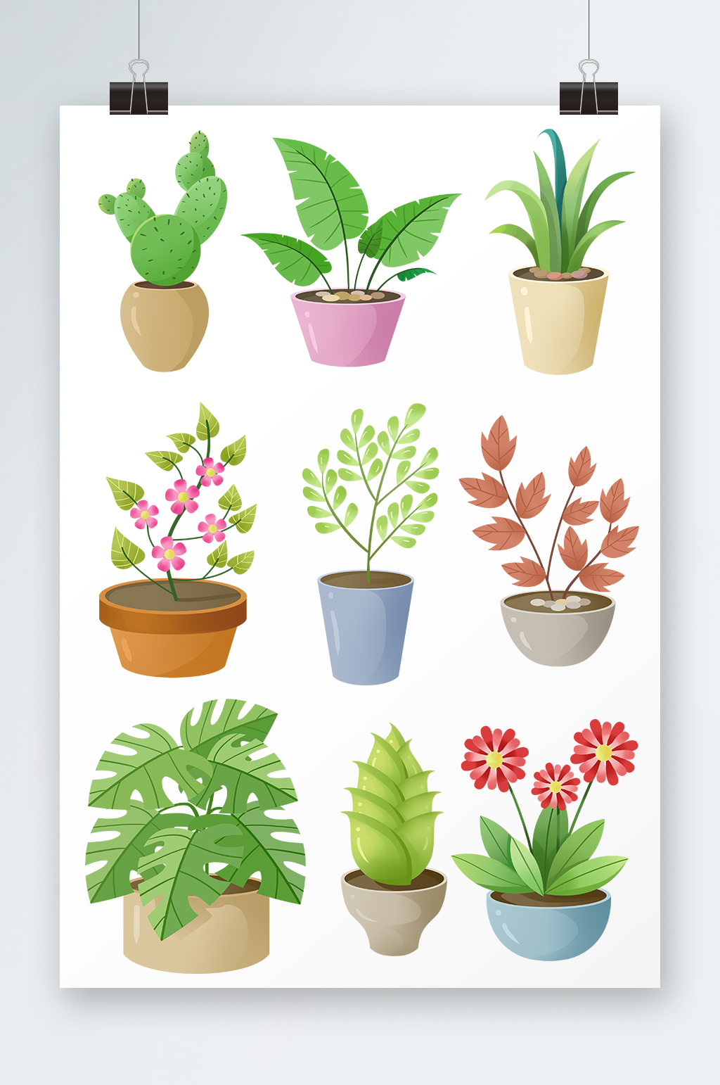 手绘卡通花卉绿植盆栽插画元素素材