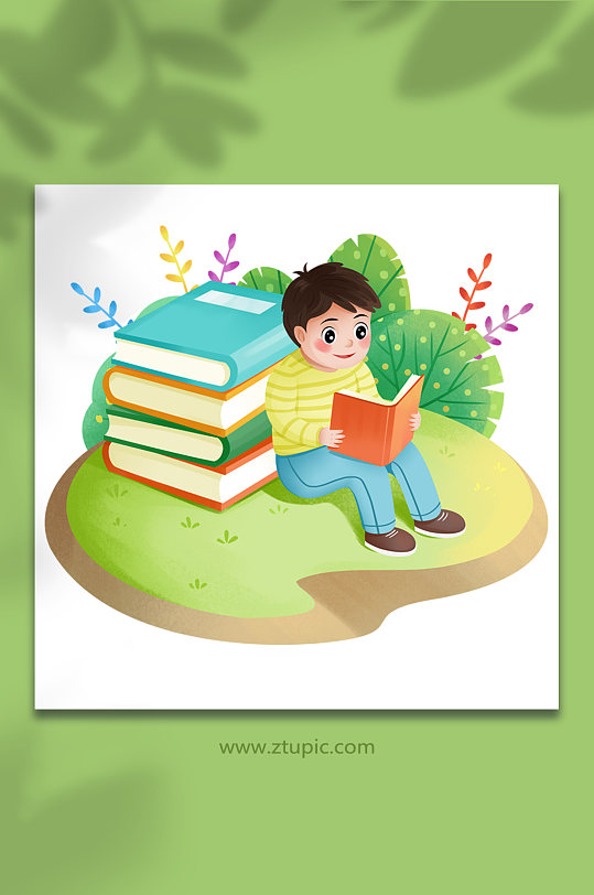 可爱手绘儿童读书阅读图书人物插画-众图网