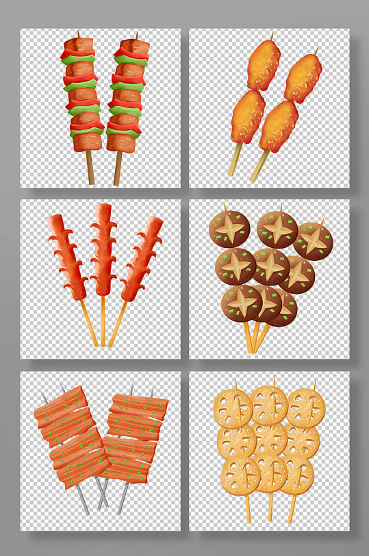 手绘美味烧烤串串美食元素插画-众图网