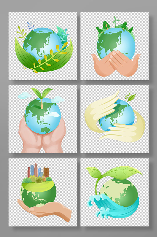 卡通手绘绿色保护地球插画环保元素-众图网