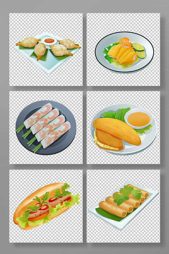 卡通手绘越南特色美食元素插画