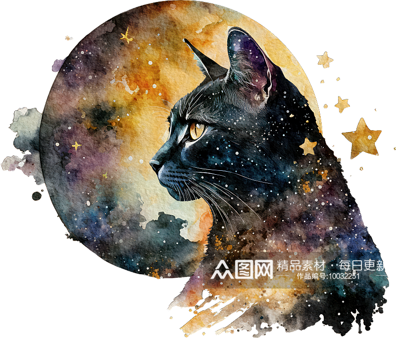 神秘魔法猫猫月亮星星手绘png免扣素材素材