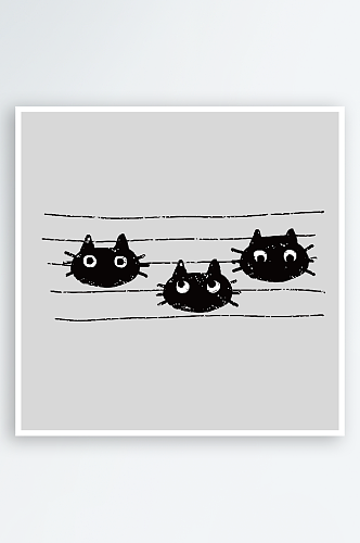 卡通可爱手绘涂鸦炭笔质感黑色猫咪插画