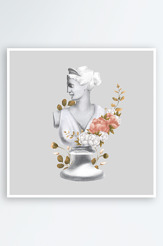 简约地中海希腊风花卉雕像边框插画PNG