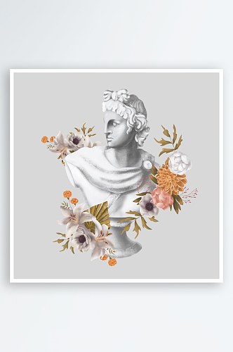 简约地中海希腊风花卉雕像边框插画P