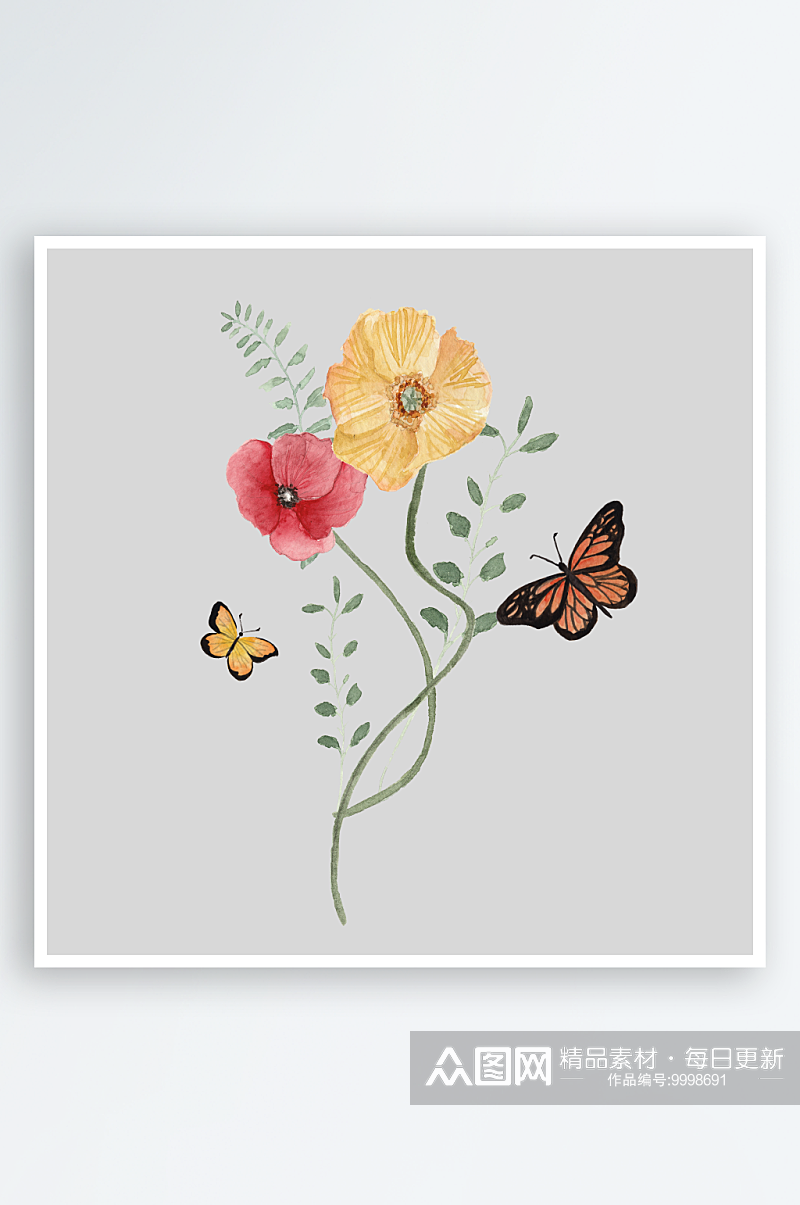 水彩手绘野花花卉植物蜻蜓蝴蝶PNG免扣素材