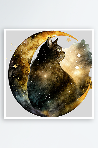 神秘魔法猫猫月亮星星手绘png免扣素材