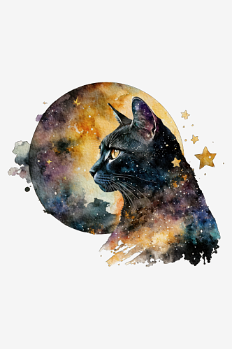 神秘魔法猫猫月亮星星手绘png免扣素材