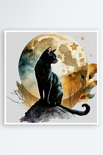神秘魔法猫猫月亮星星手绘png免扣素材