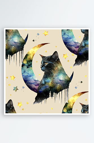 神秘魔法猫猫月亮星星手绘背景PNG素材