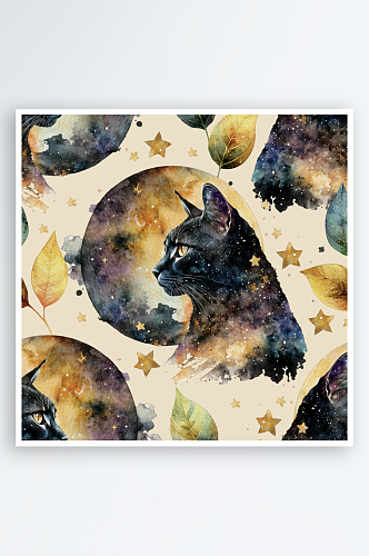 神秘魔法猫猫月亮星星手绘背景PNG素材
