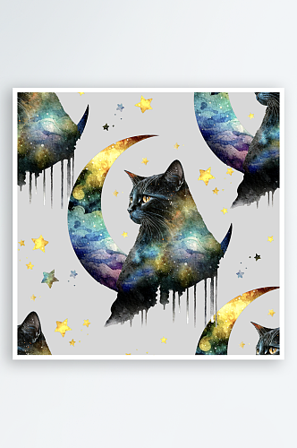 神秘魔法猫猫月亮星星手绘背景PNG素材