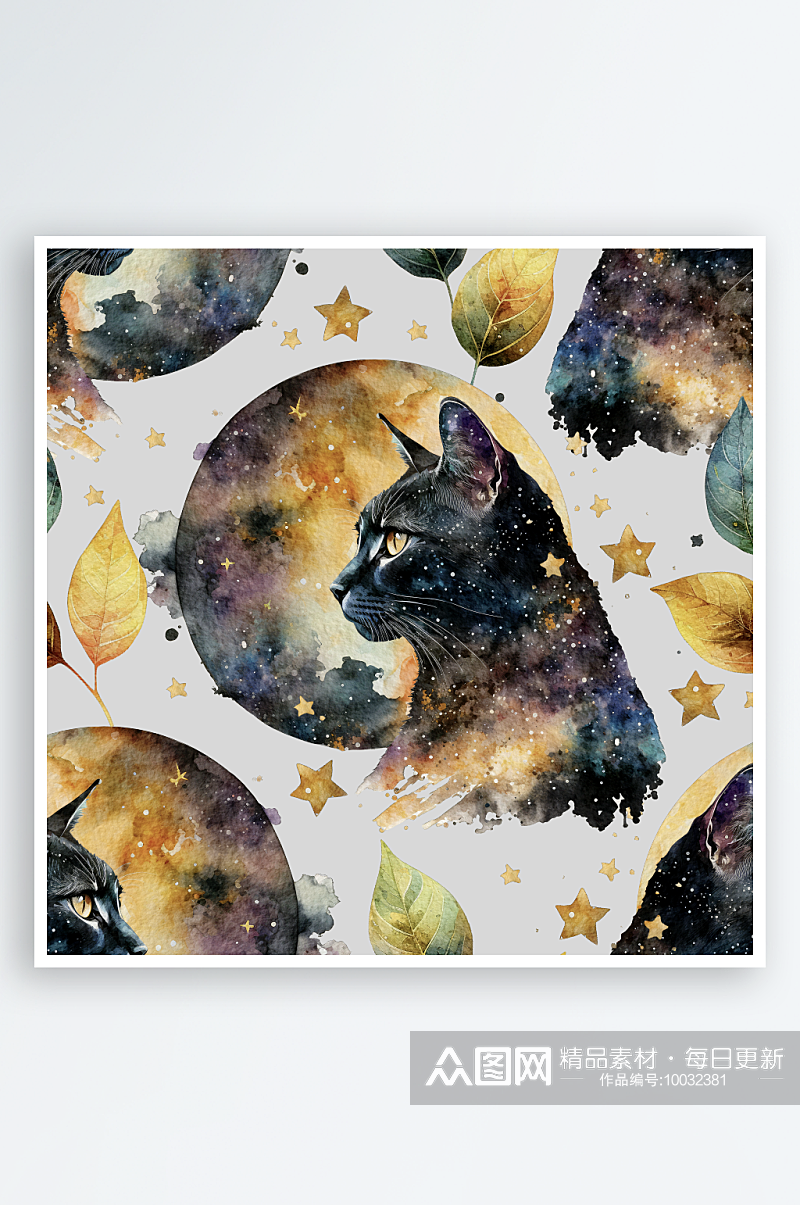 神秘魔法猫猫月亮星星手绘背景PNG素材素材