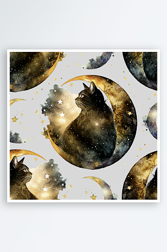 神秘魔法猫猫月亮星星手绘背景PNG素材