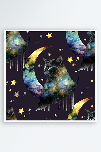 神秘魔法猫猫月亮星星手绘背景PNG素材