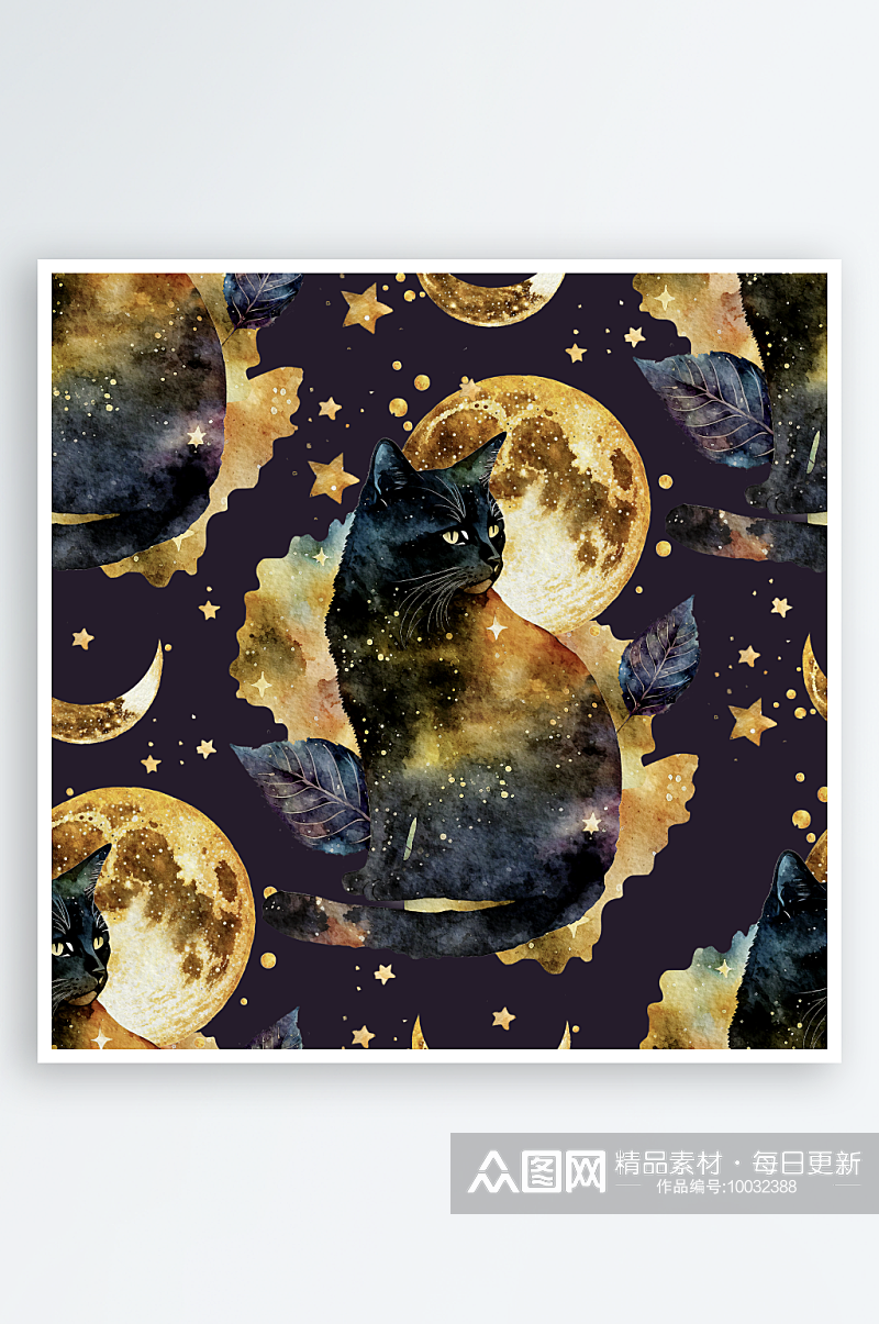 神秘魔法猫猫月亮星星手绘背景PNG素材素材