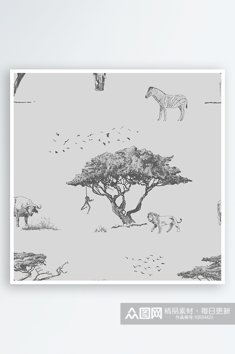 铅笔非洲野生动物植物速写绘画手稿PNG免素材