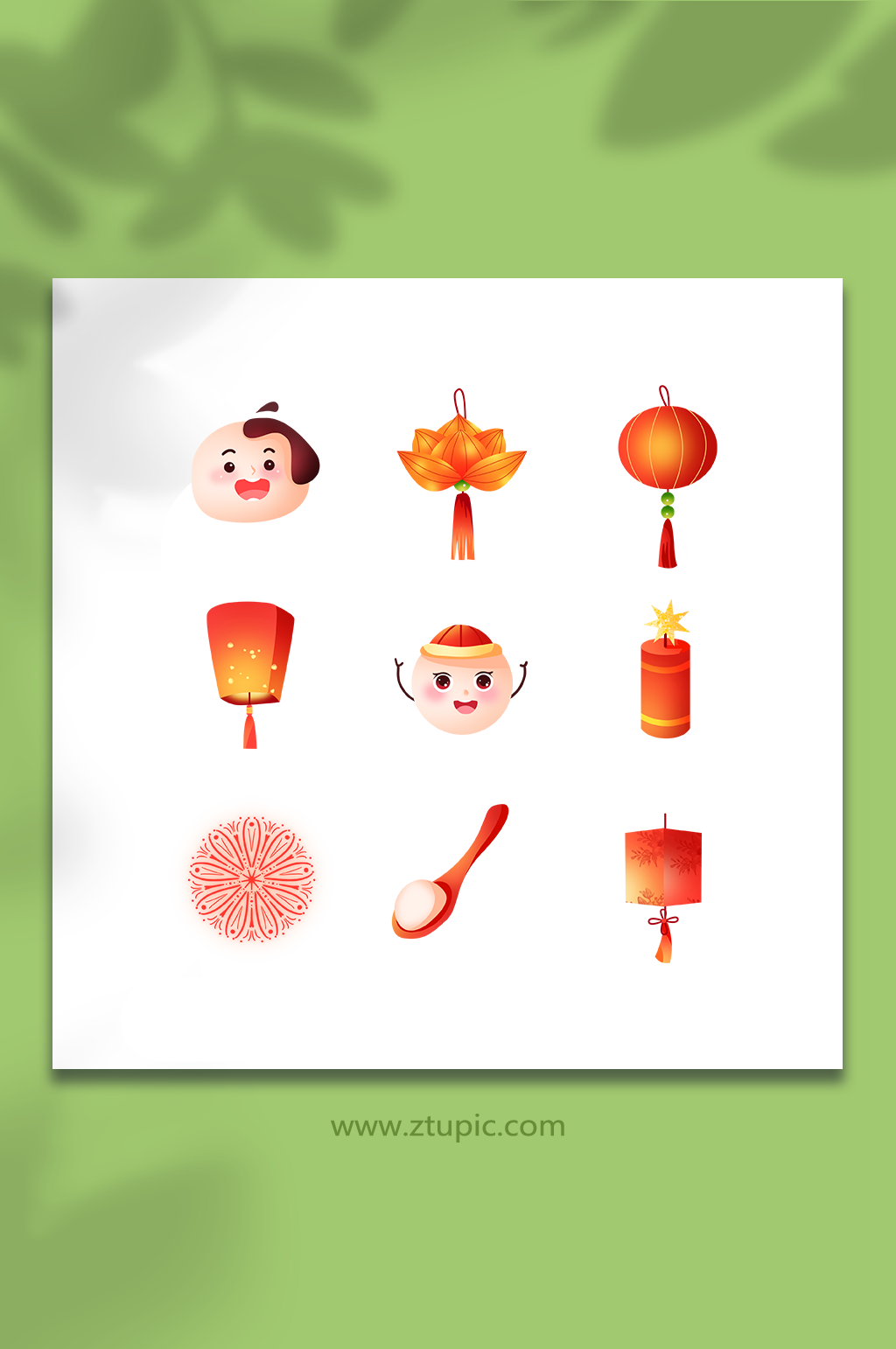 手绘汤圆灯笼烟花炮竹元宵节元素插画素材