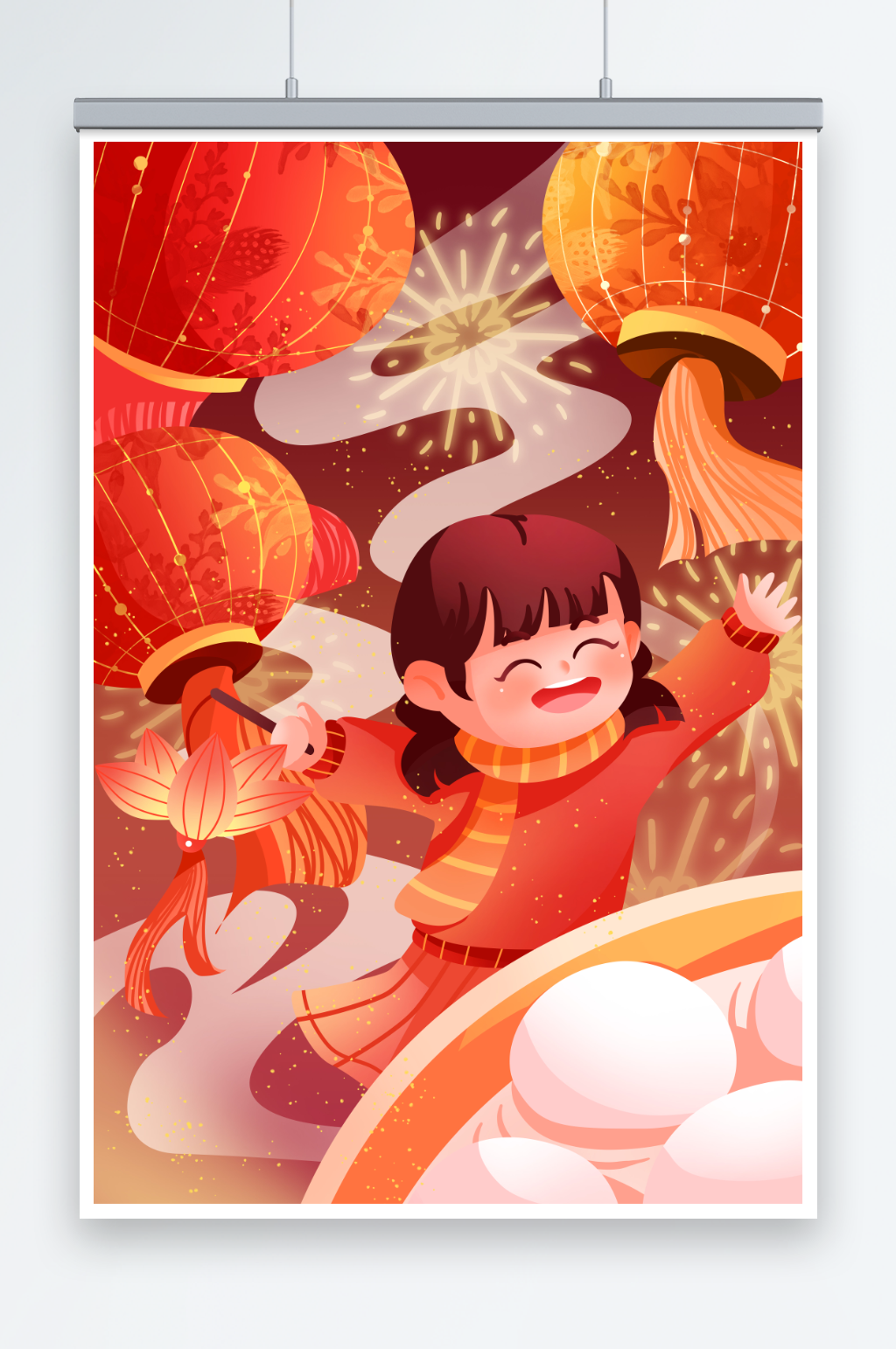 小女孩拿花灯元宵节人物插画素材