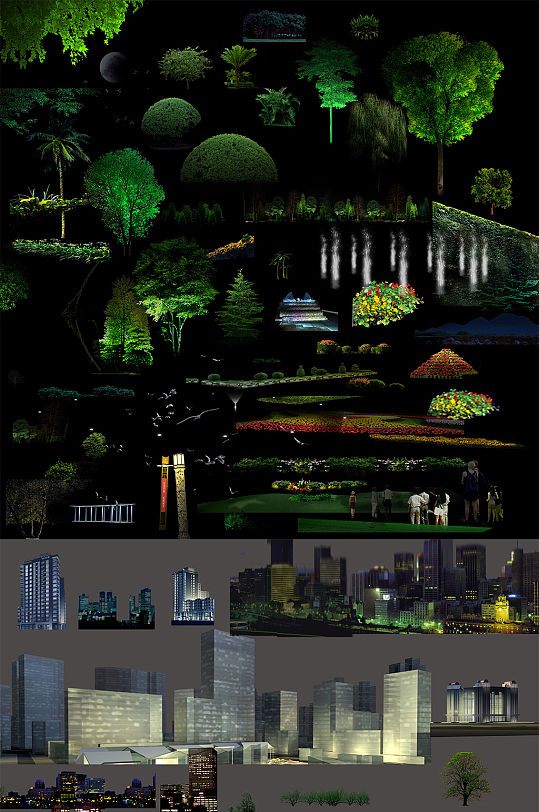 灯光亮化园林建筑效果图后期PS素材