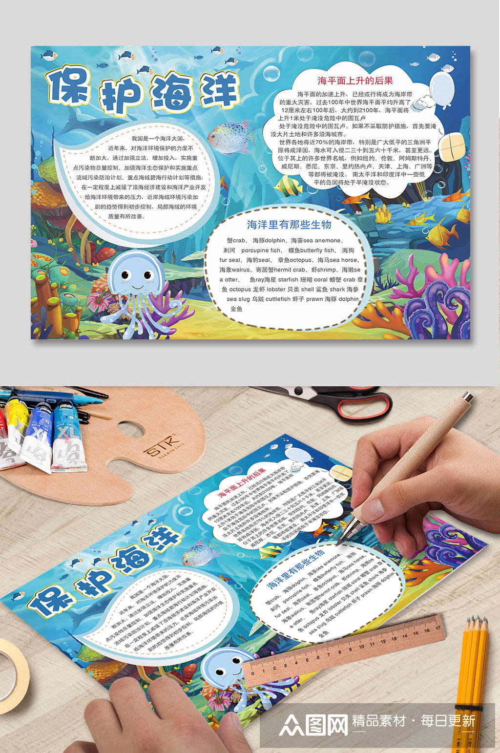 保护海洋海洋垃圾手抄报海报