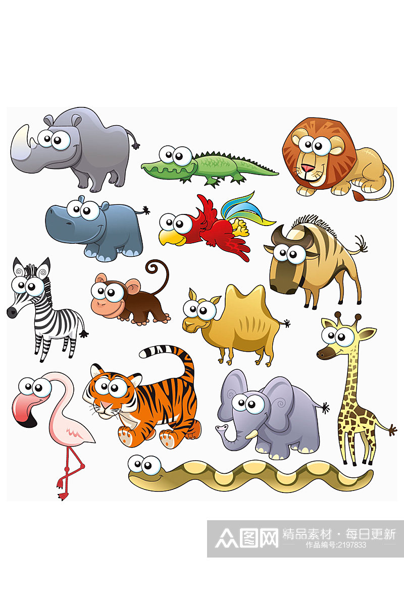 卡通动物犀牛河马老虎设计元素素材